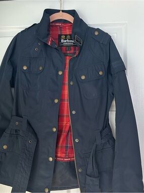 NWOT Barbour Navy Blue waxed jacket- Red Tartan Lined  size 4